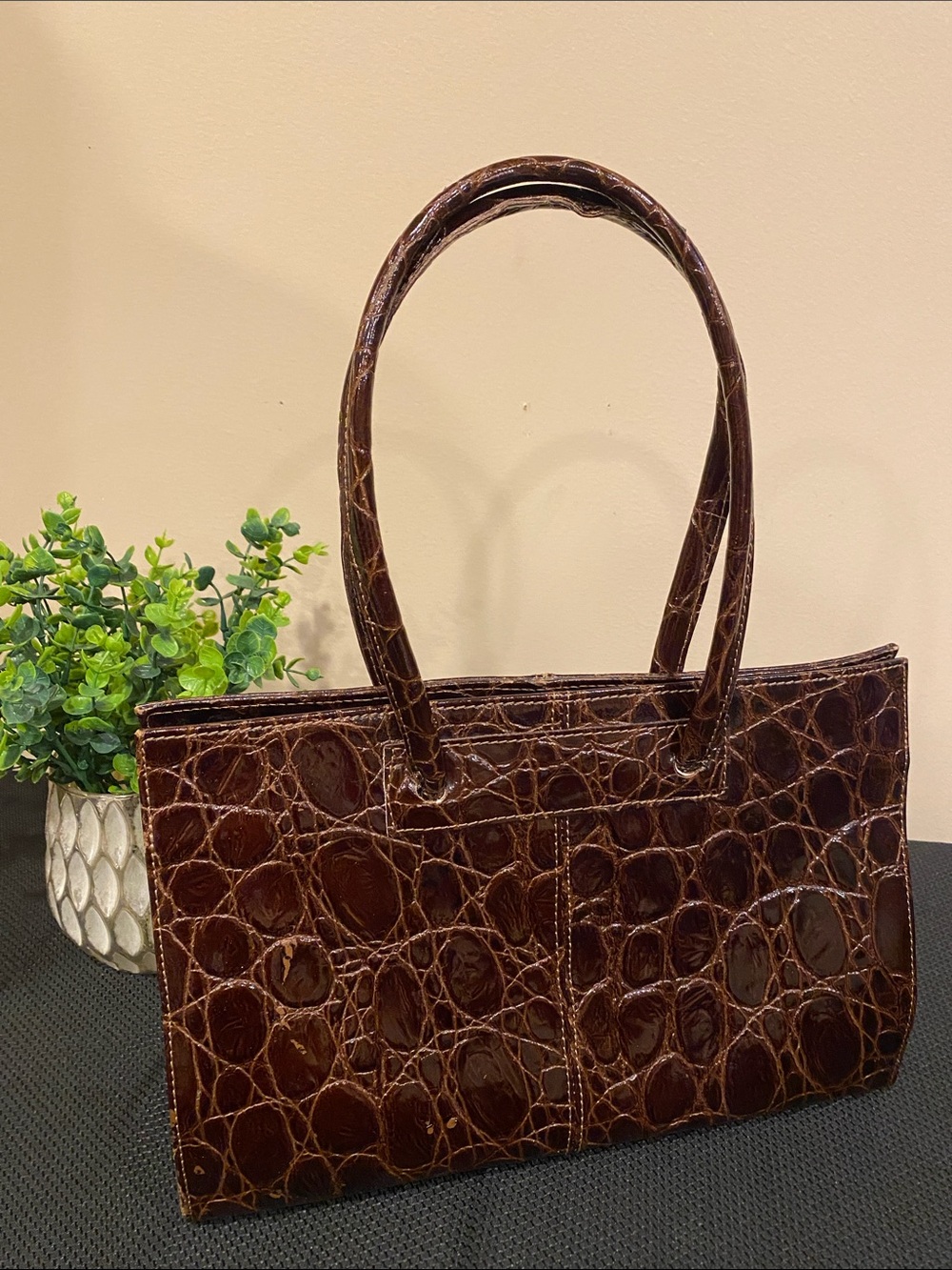 Croc-Embossed Leather Dark Brown Shoulder Tote